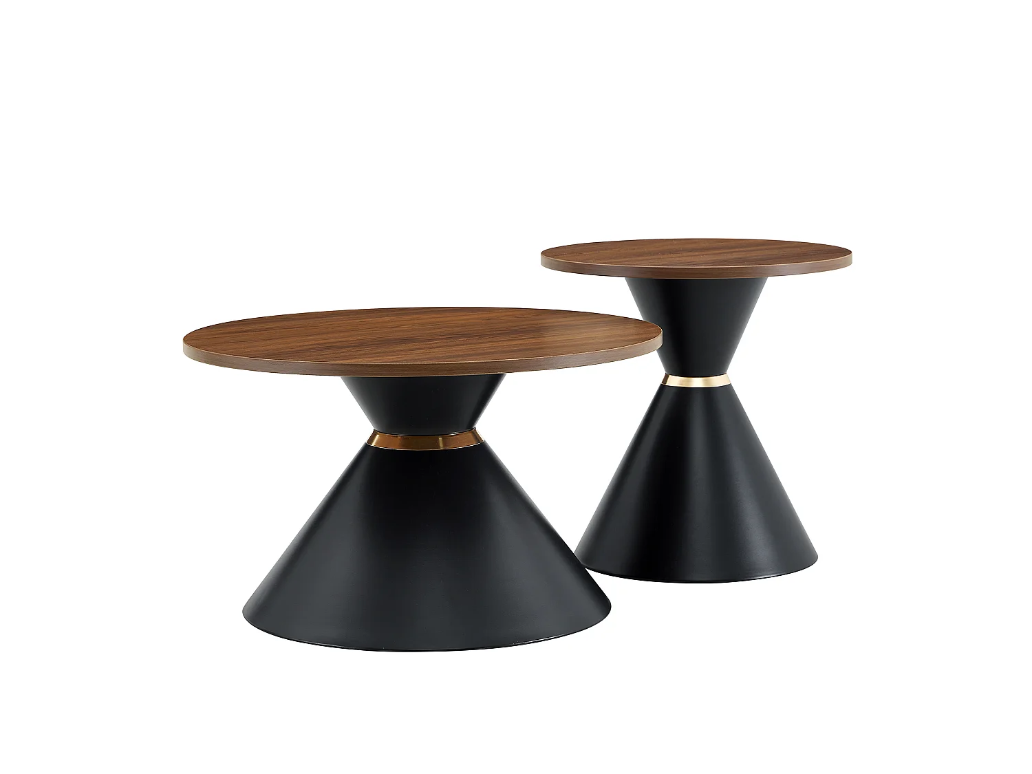 Lot de 2 tables basses rondes 70 cm et 50 cm finition noyer et noir