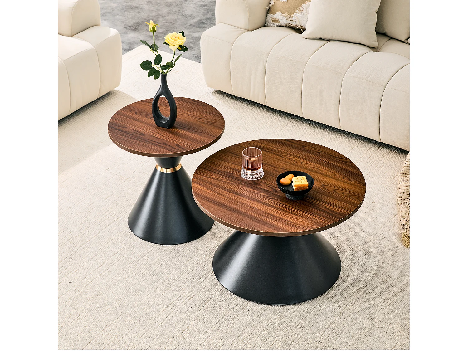 Lot de 2 tables basses rondes 70 cm et 50 cm finition noyer et noir