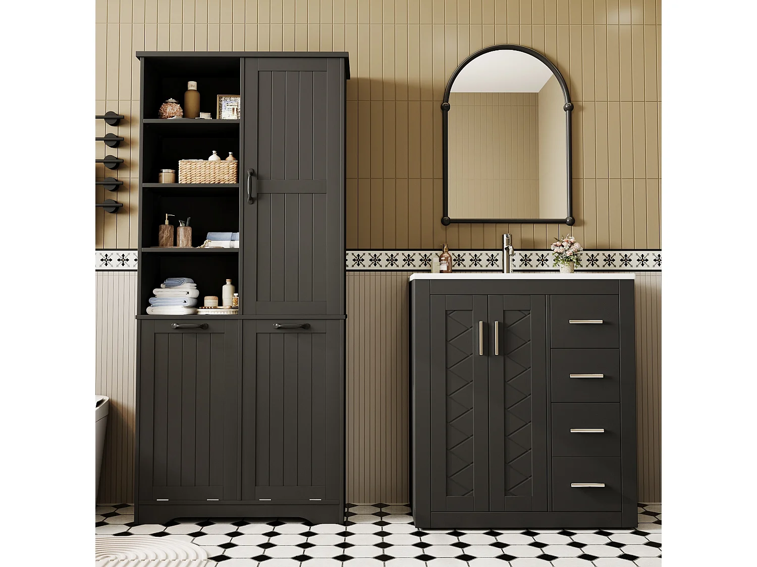 Mobile bagno a terra con lavabo singolo e colonna contenitore - Nero