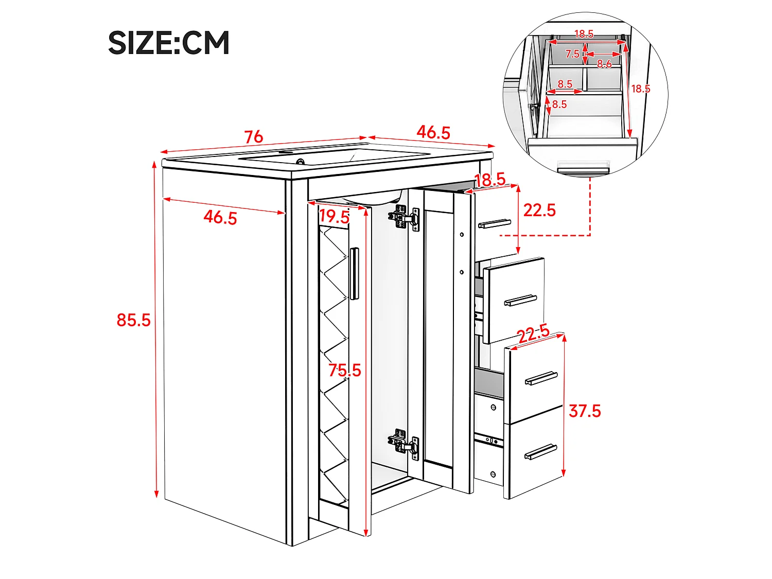 Mobile bagno a terra con lavabo singolo e colonna contenitore - Nero