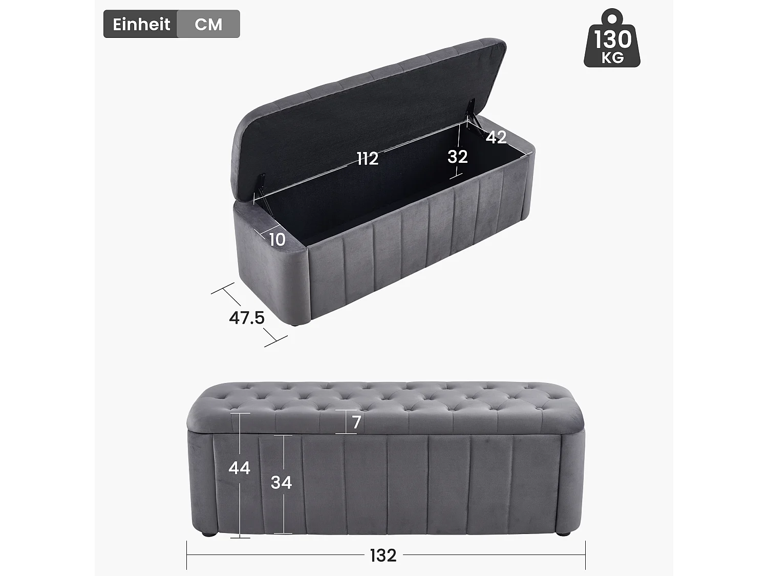 Banc de lit 132x47.5x44 cm en velours gris foncé avec rangement