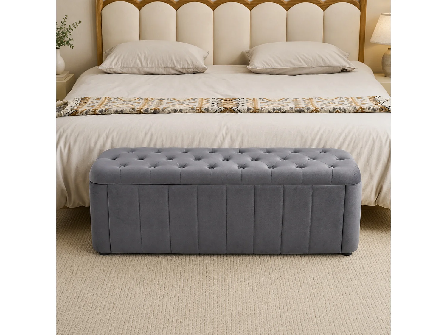 Banc de lit 132x47.5x44 cm en velours gris foncé avec rangement