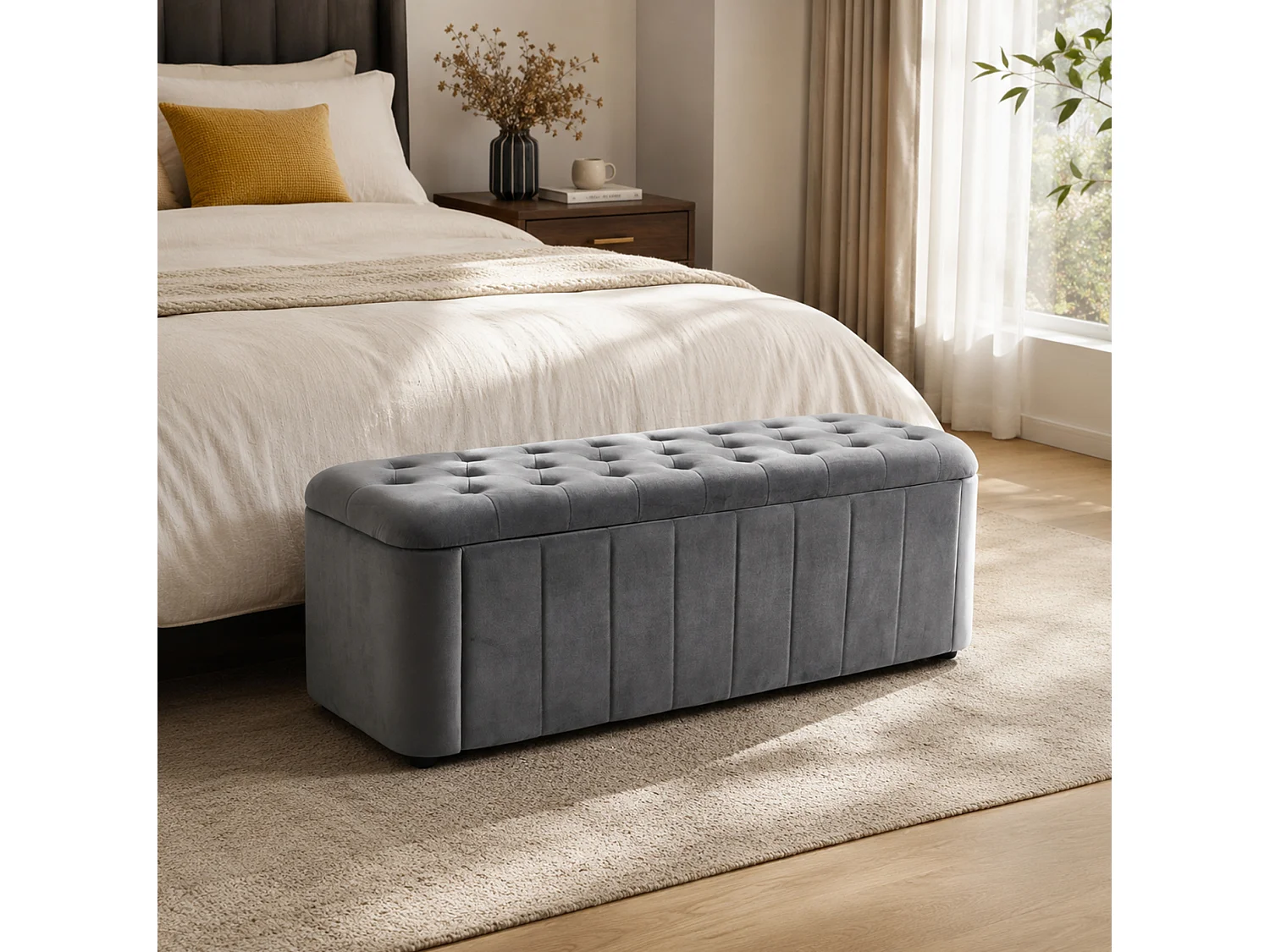 Banc de lit 132x47.5x44 cm en velours gris foncé avec rangement