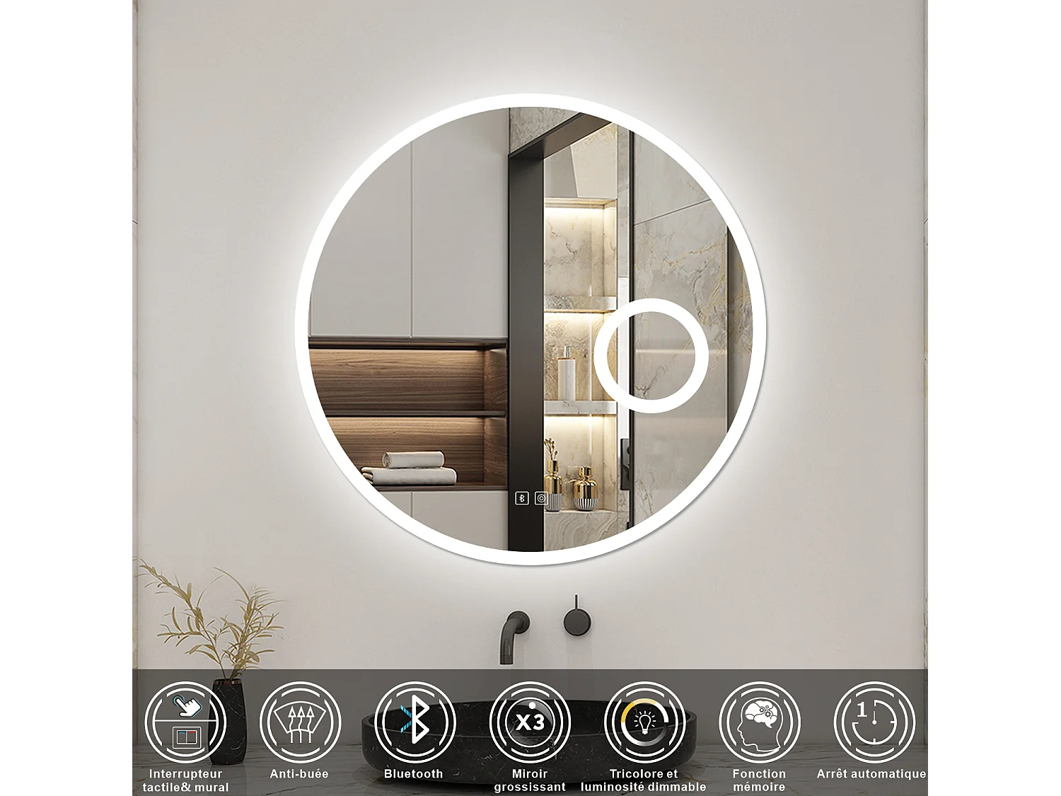 Miroir Salle de Bain 100cm Rond, Bluetooth + Tricolore + 3X Loupe + Anti-Buée, AICA