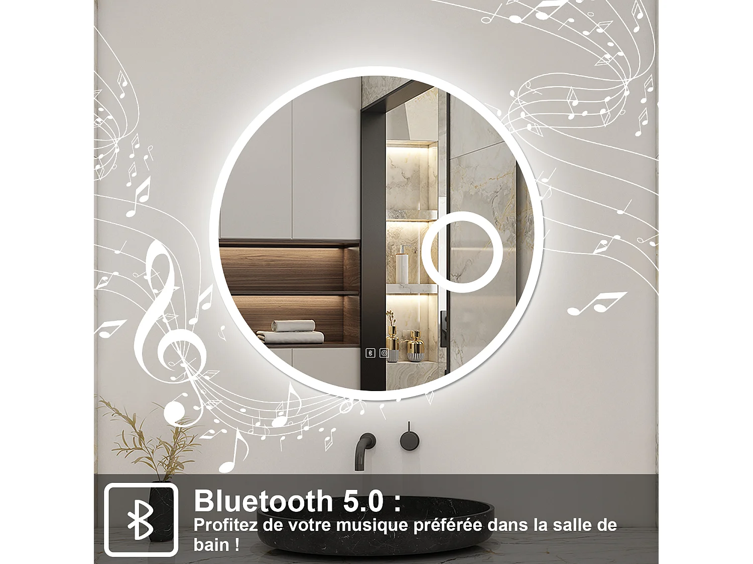Miroir Salle de Bain 100cm Rond, Bluetooth + Tricolore + 3X Loupe + Anti-Buée, AICA