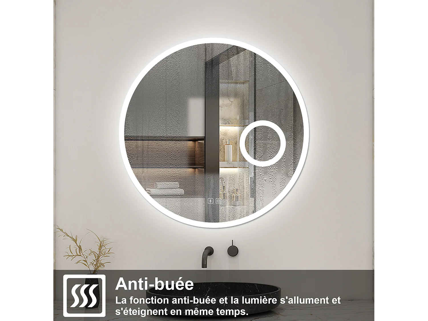 Miroir Salle de Bain 100cm Rond, Bluetooth + Tricolore + 3X Loupe + Anti-Buée, AICA