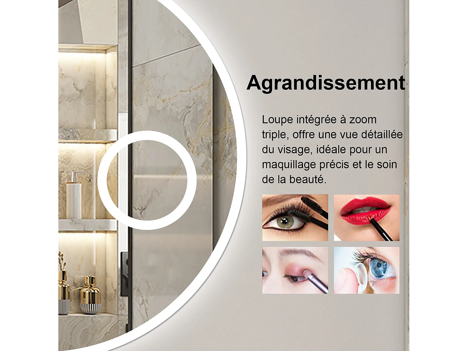 Miroir Salle de Bain 100cm Rond, Bluetooth + Tricolore + 3X Loupe + Anti-Buée, AICA