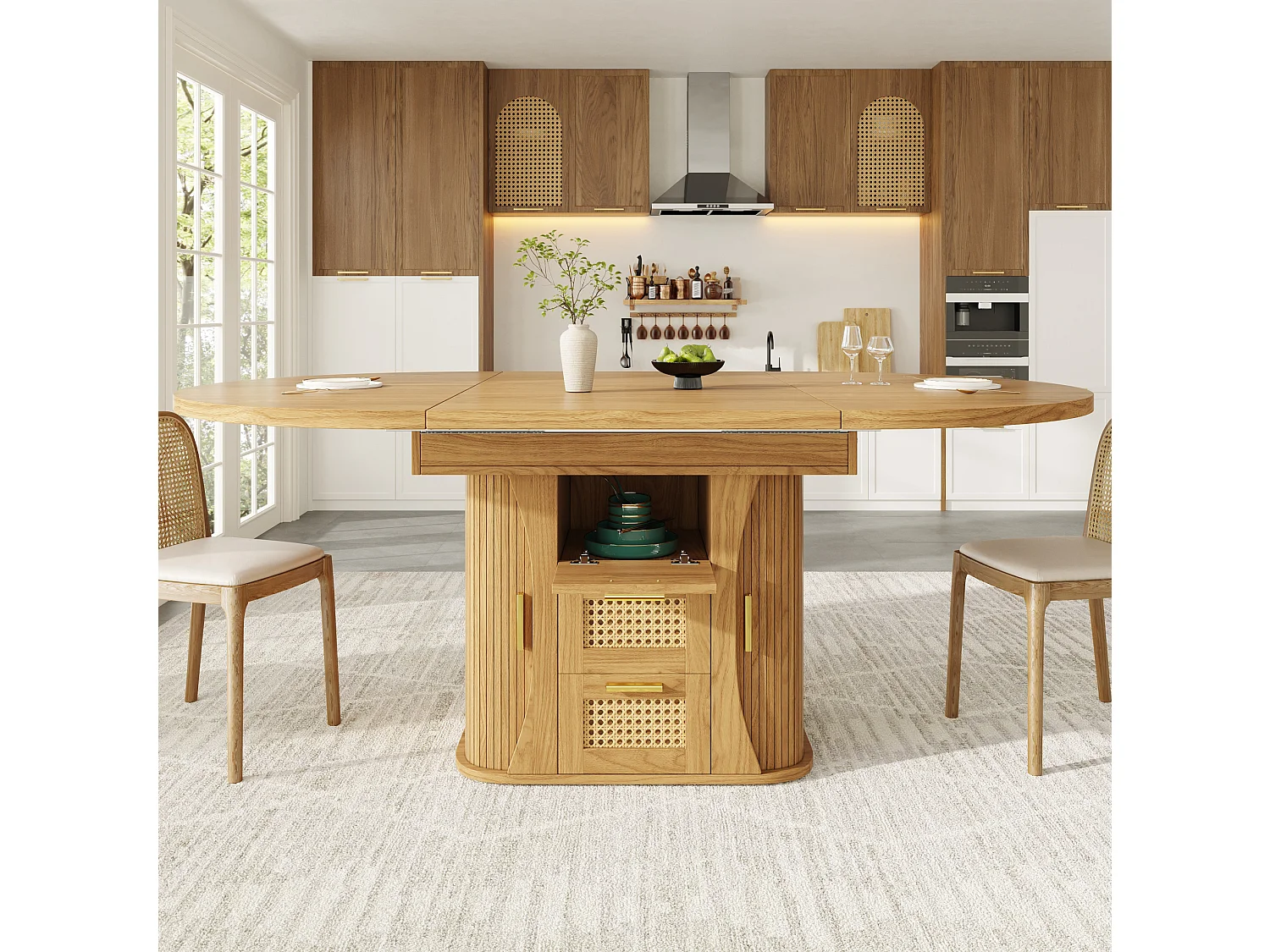 Tavolo da pranzo allungabile 118-158x118 cm con 2 cassetti e ante effetto rattan - Naturale chiaro