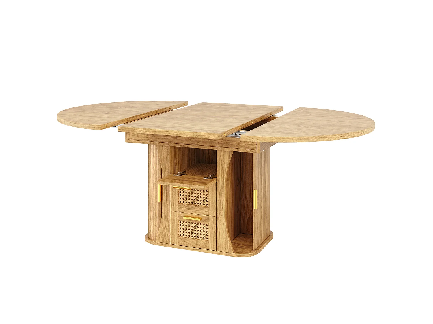 Tavolo da pranzo allungabile 118-158x118 cm con 2 cassetti e ante effetto rattan - Naturale chiaro