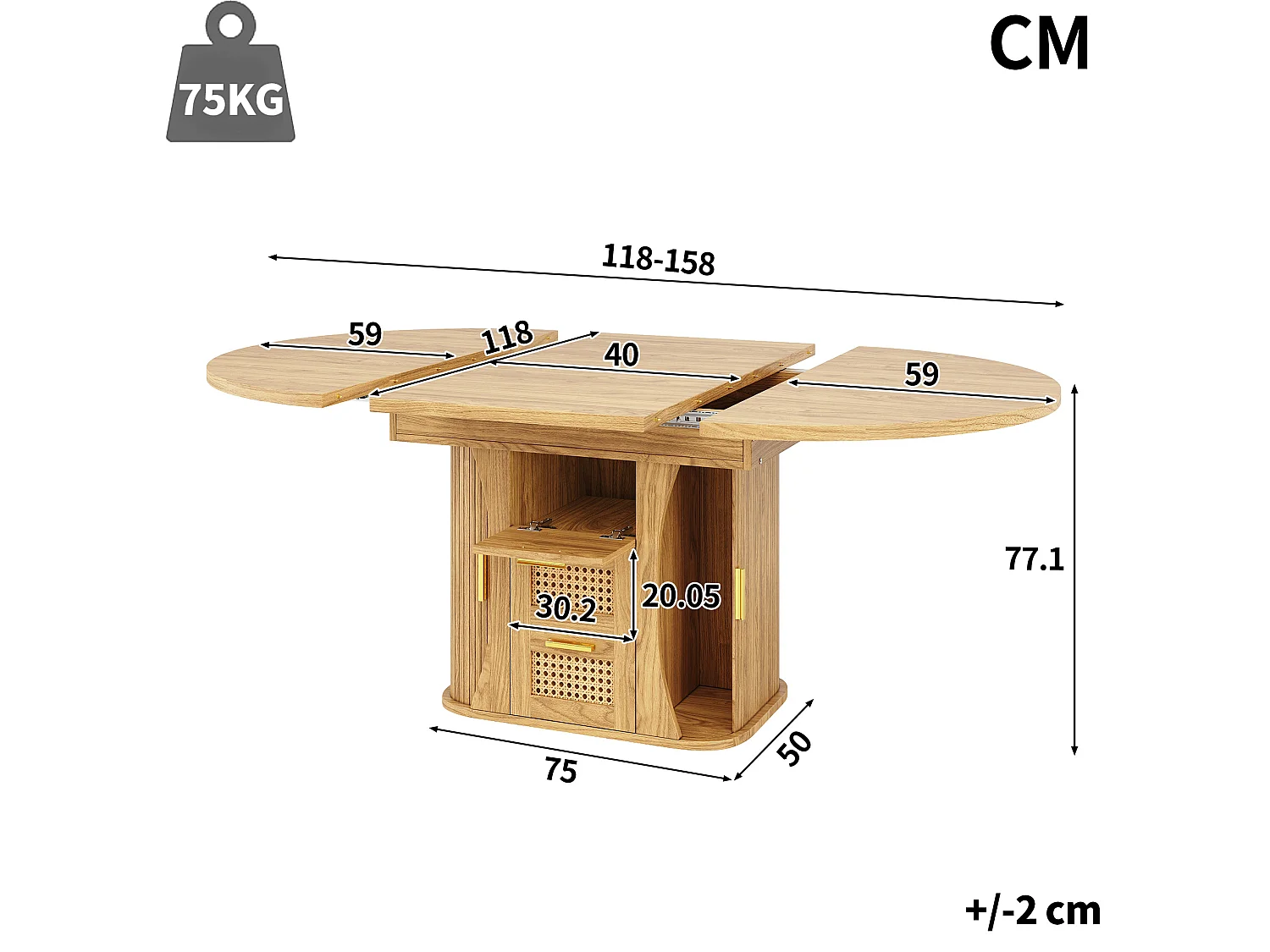 Tavolo da pranzo allungabile 118-158x118 cm con 2 cassetti e ante effetto rattan - Naturale chiaro