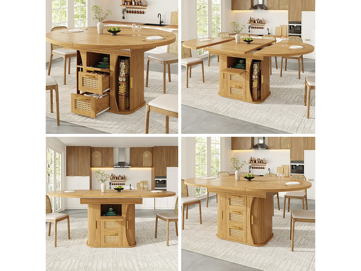 Tavolo da pranzo allungabile 118-158x118 cm con 2 cassetti e ante effetto rattan - Naturale chiaro
