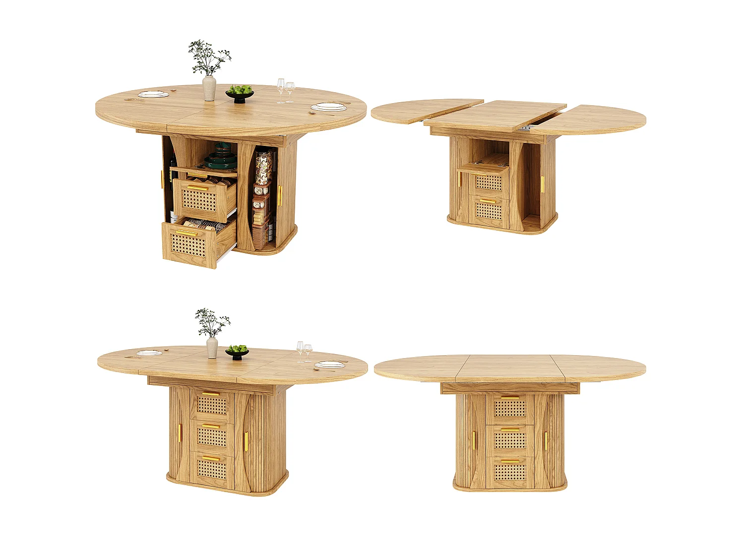 Tavolo da pranzo allungabile 118-158x118 cm con 2 cassetti e ante effetto rattan - Naturale chiaro