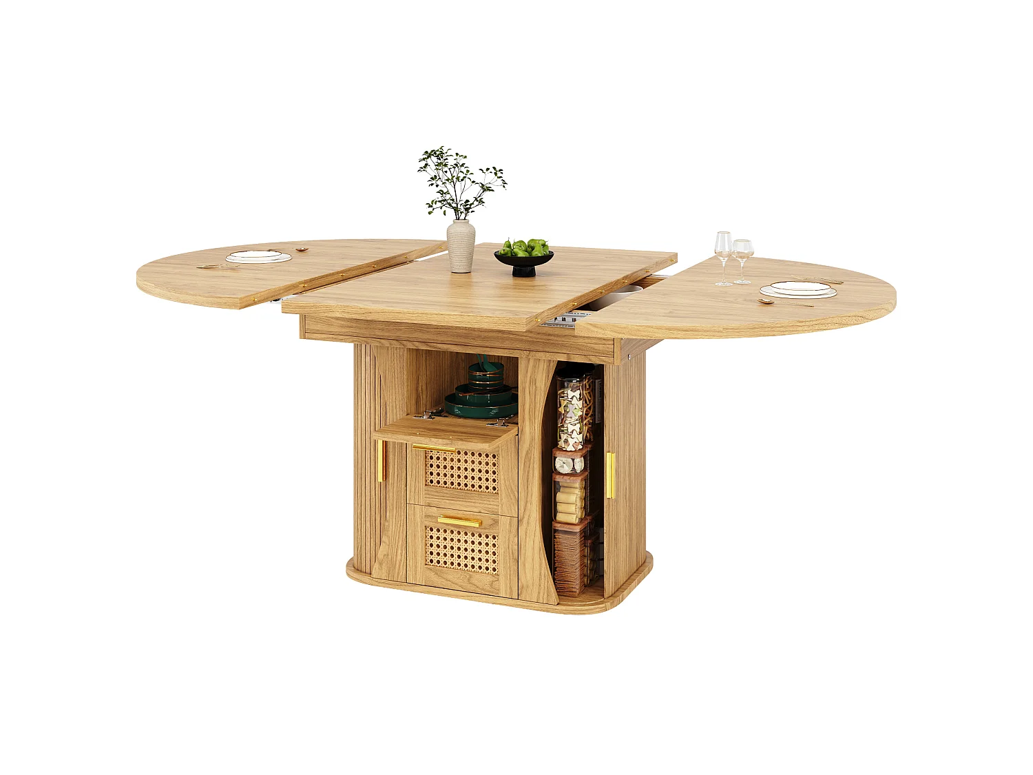 Tavolo da pranzo allungabile 118-158x118 cm con 2 cassetti e ante effetto rattan - Naturale chiaro