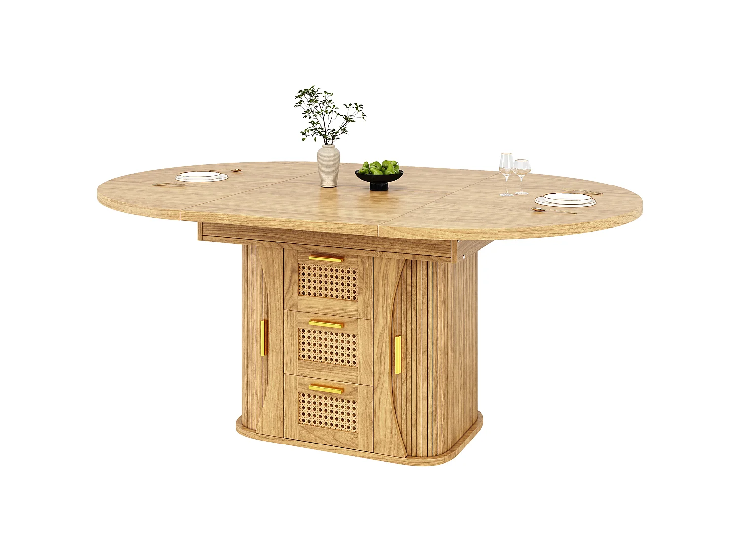 Tavolo da pranzo allungabile 118-158x118 cm con 2 cassetti e ante effetto rattan - Naturale chiaro