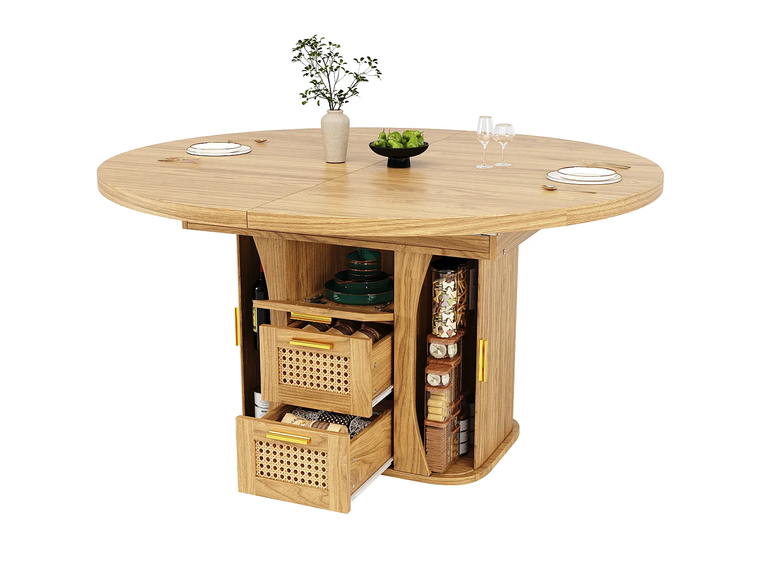 Tavolo da pranzo allungabile 118-158x118 cm con 2 cassetti e ante effetto rattan - Naturale chiaro