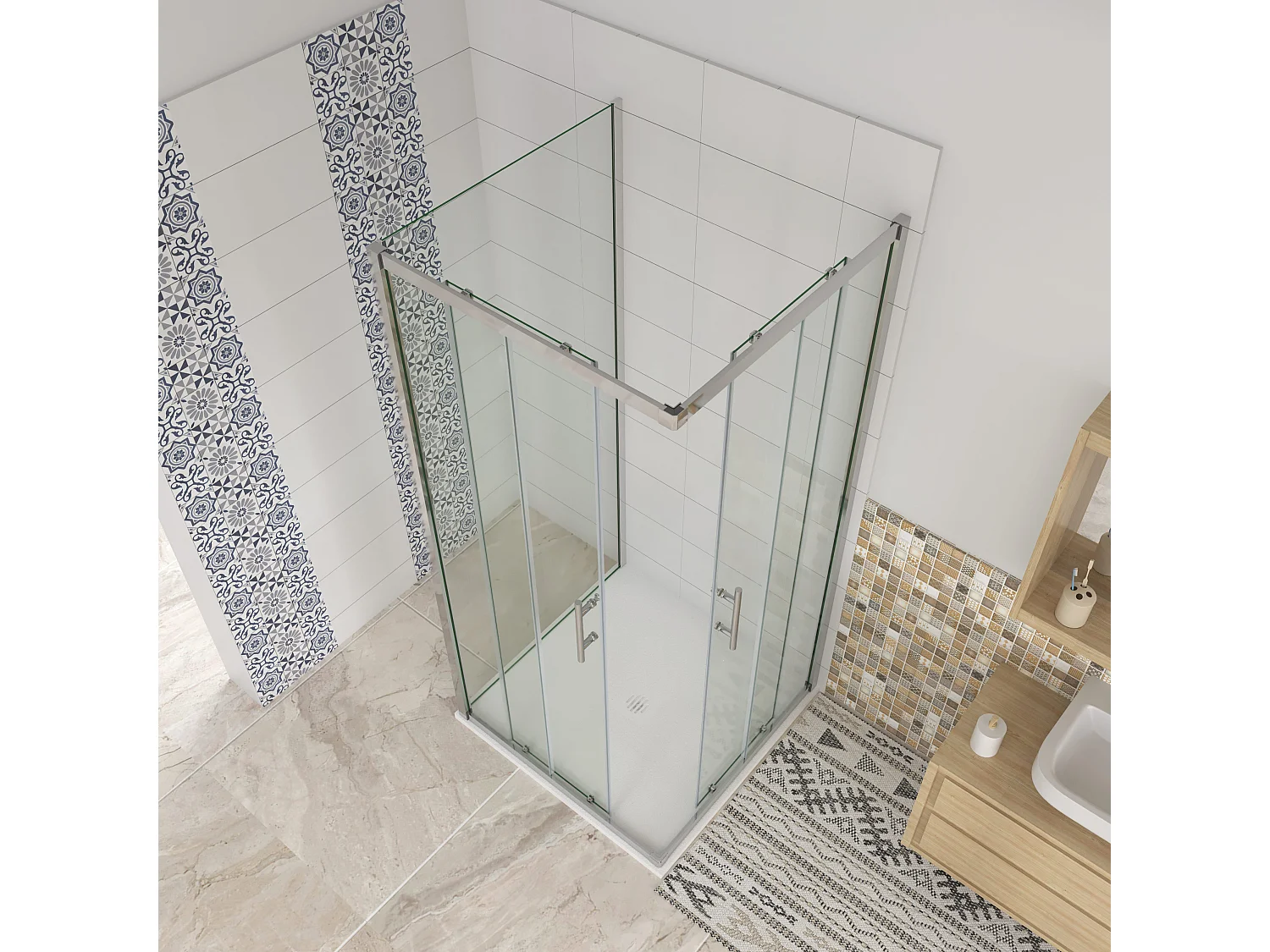 H.195 cm Box Doccia a 3 Lati 90x90x90 cm Porta Scorrevole 90 cm Doppia Parete Fissa da 90 cm in Vetro Trasparente Anticalcare da 6mm Cromato Lucido