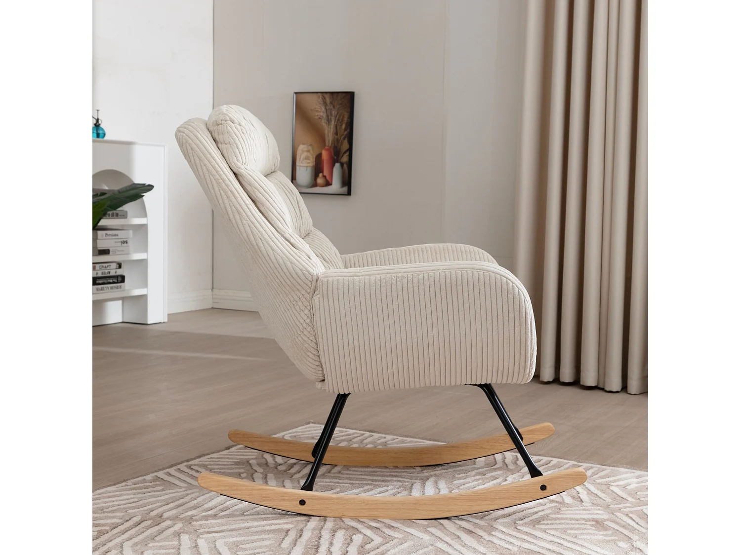 Rocking chair avec dossier haut - Métal, bois et velours côtelé - Beige