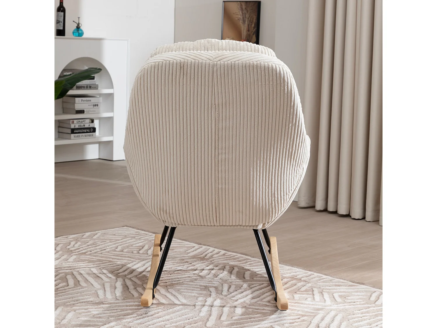 Rocking chair avec dossier haut - Métal, bois et velours côtelé - Beige