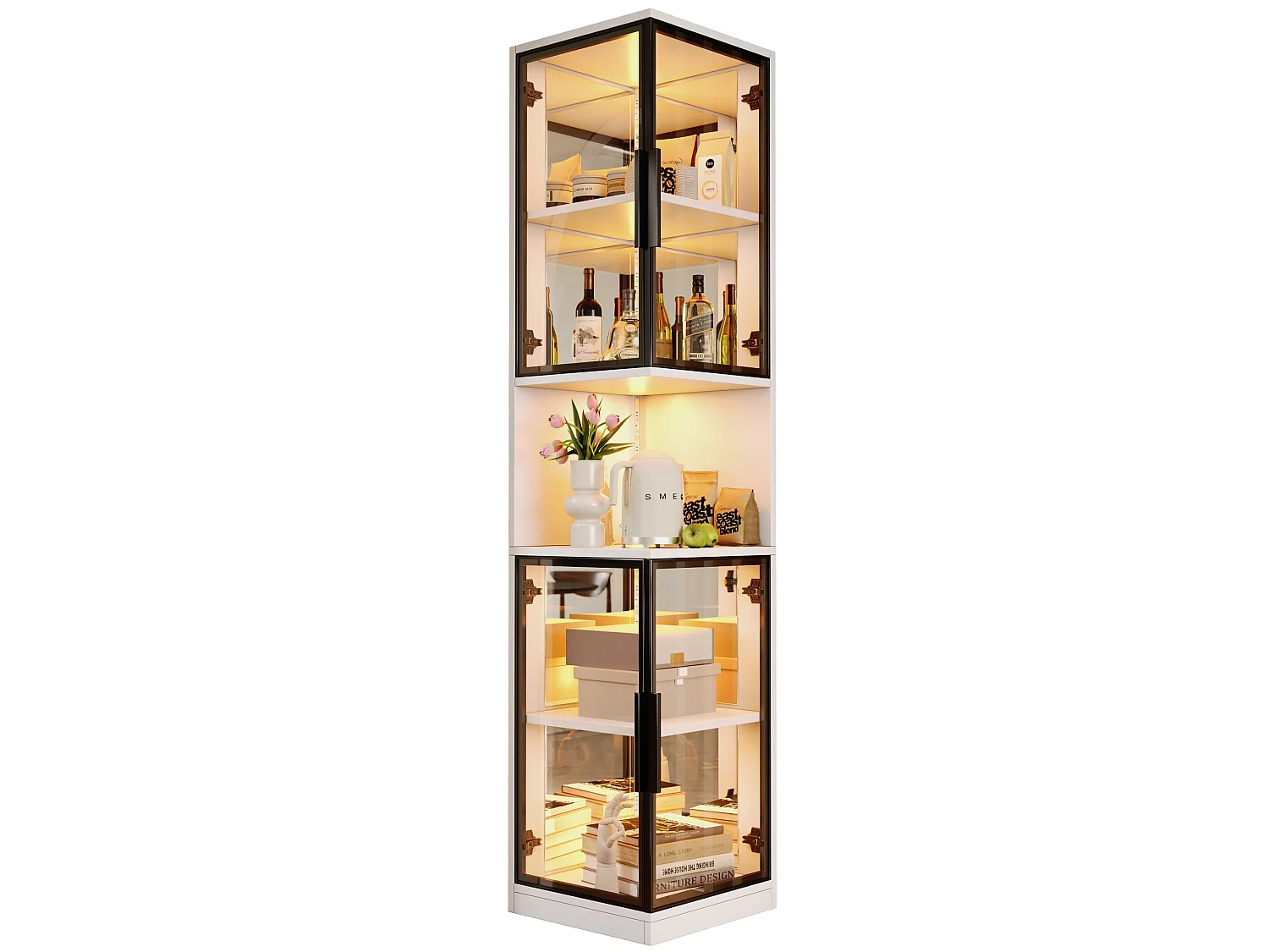 Vetrina a LED da 205 cm con ante in vetro - Per cantina vini, biblioteca - Nera