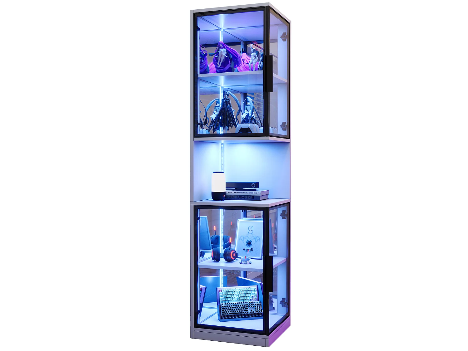 Vetrina a LED da 205 cm con ante in vetro - Per cantina vini, biblioteca - Nera