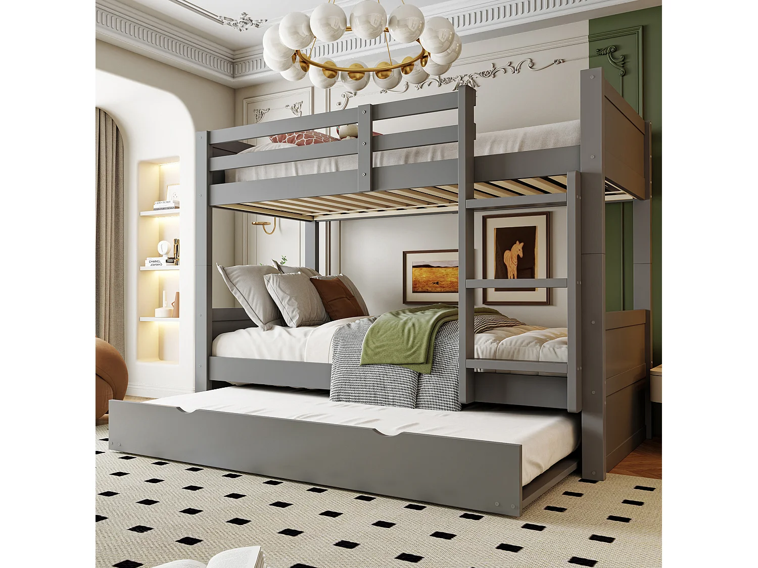 Kinderstapelbed 90x200 cm met uitschuifbed 90x190 cm, om te bouwen tot een eenpersoonsbed - Grijs