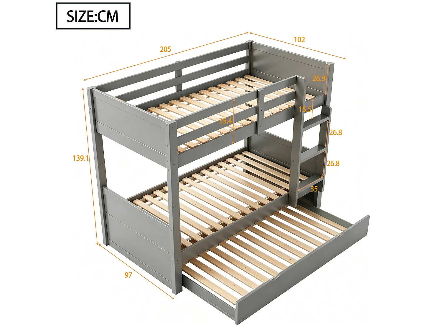 Kinderstapelbed 90x200 cm met uitschuifbed 90x190 cm, om te bouwen tot een eenpersoonsbed - Grijs