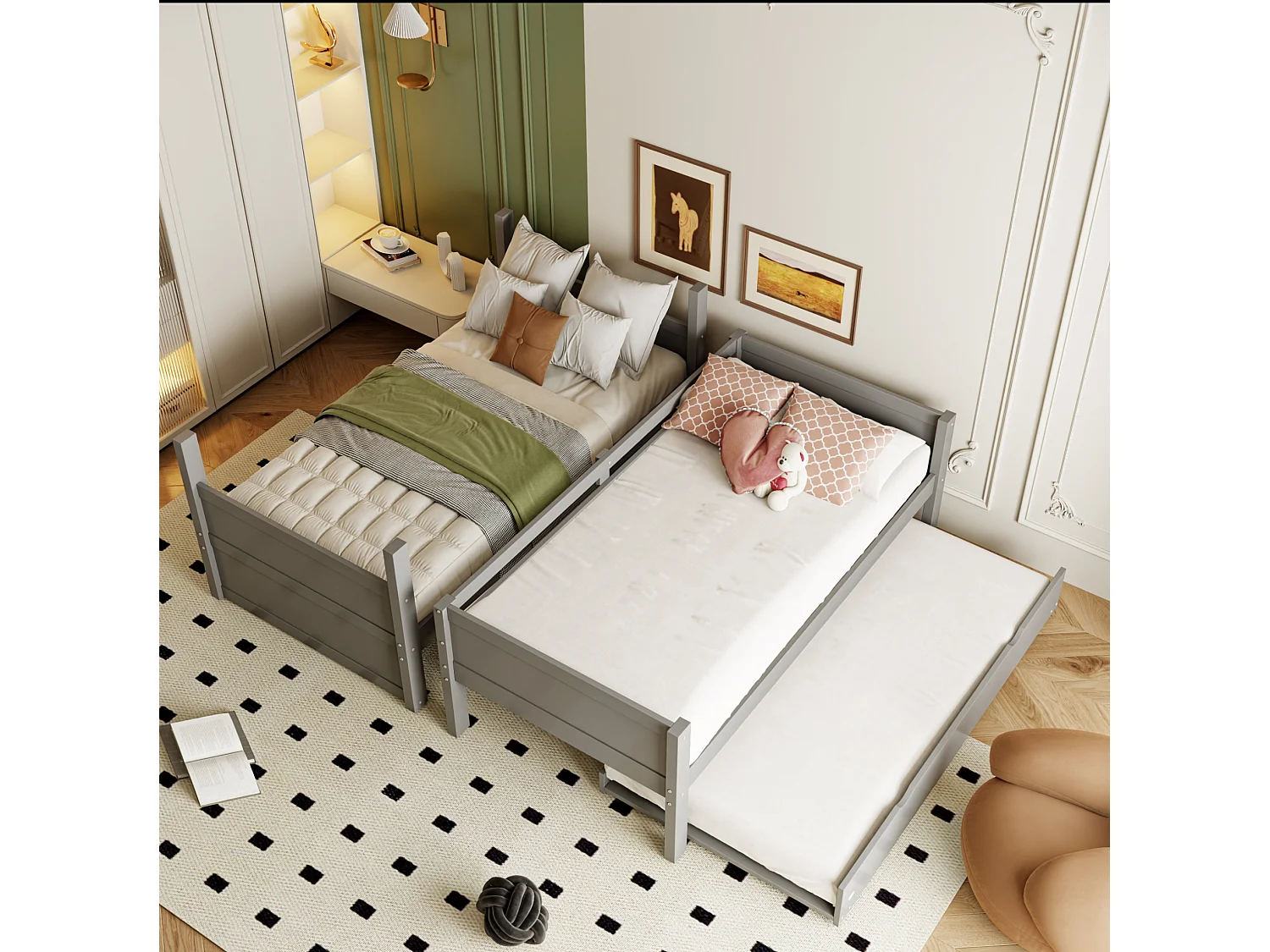 Kinderstapelbed 90x200 cm met uitschuifbed 90x190 cm, om te bouwen tot een eenpersoonsbed - Grijs