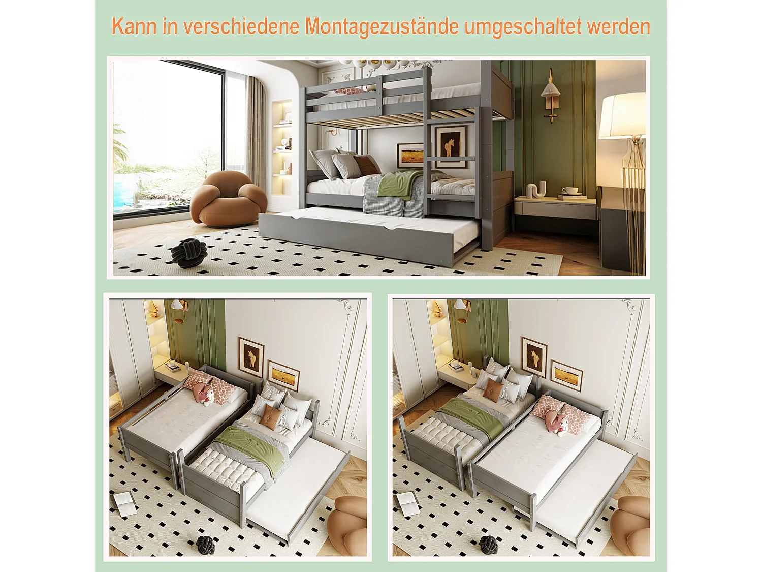 Kinderstapelbed 90x200 cm met uitschuifbed 90x190 cm, om te bouwen tot een eenpersoonsbed - Grijs
