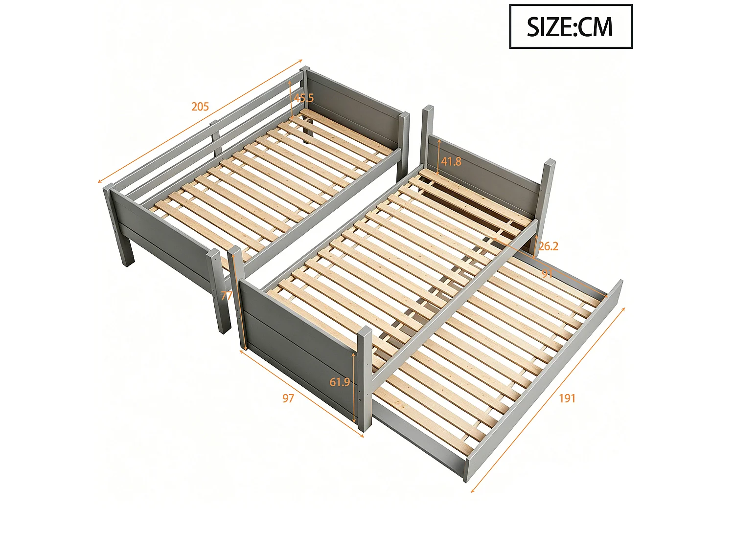Kinderstapelbed 90x200 cm met uitschuifbed 90x190 cm, om te bouwen tot een eenpersoonsbed - Grijs
