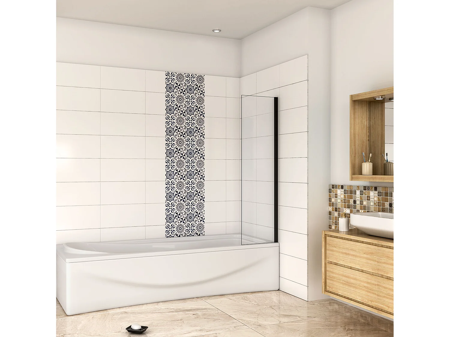 Parete Doccia Per Vasca 40x130 cm Sopravasca Walk in Vetro Temperato 5 mm Trasparente Anticalcare Telaio Nero Opaco