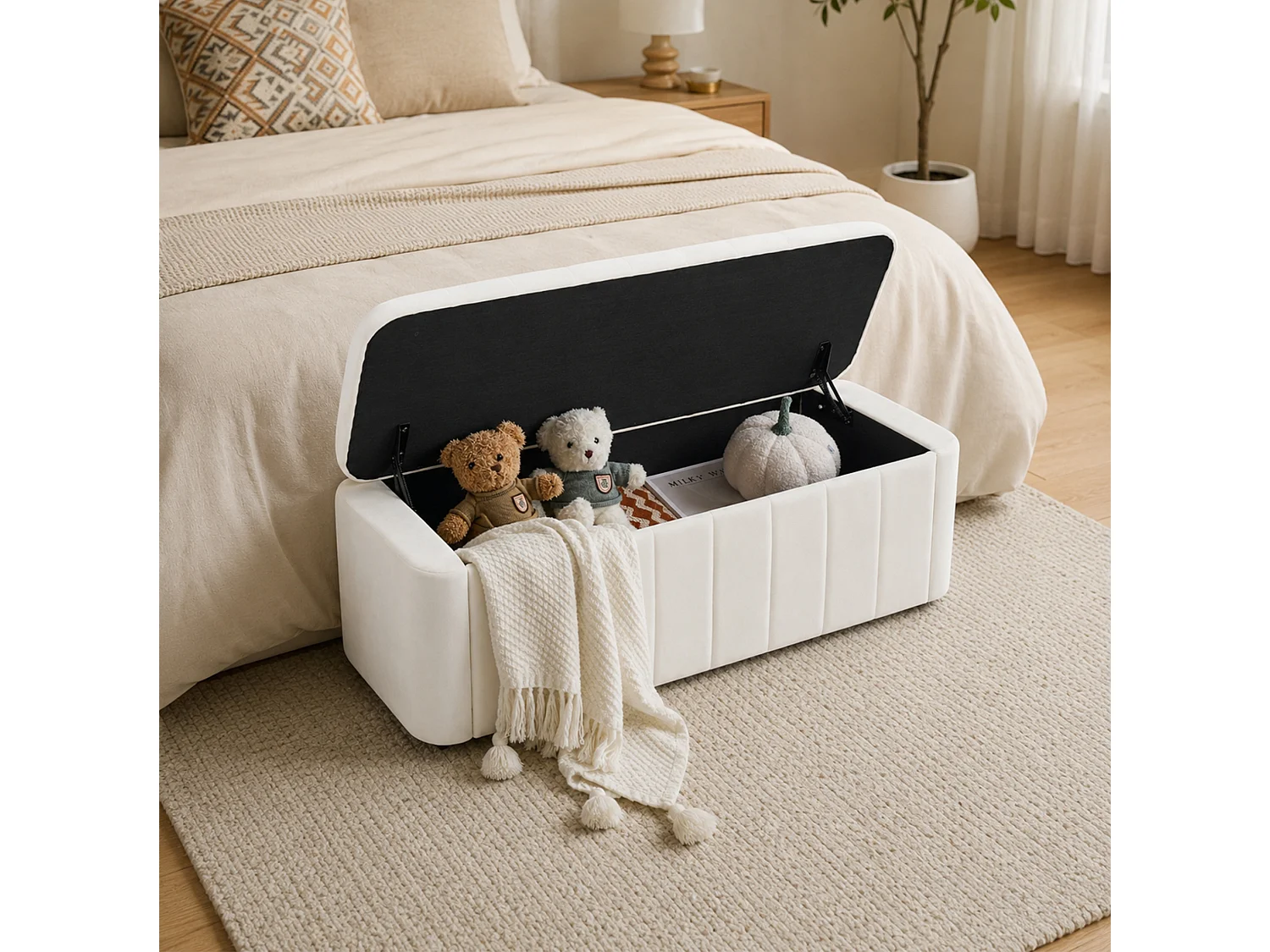 Banc de lit 132x47.5x44 cm en velours beige avec rangement