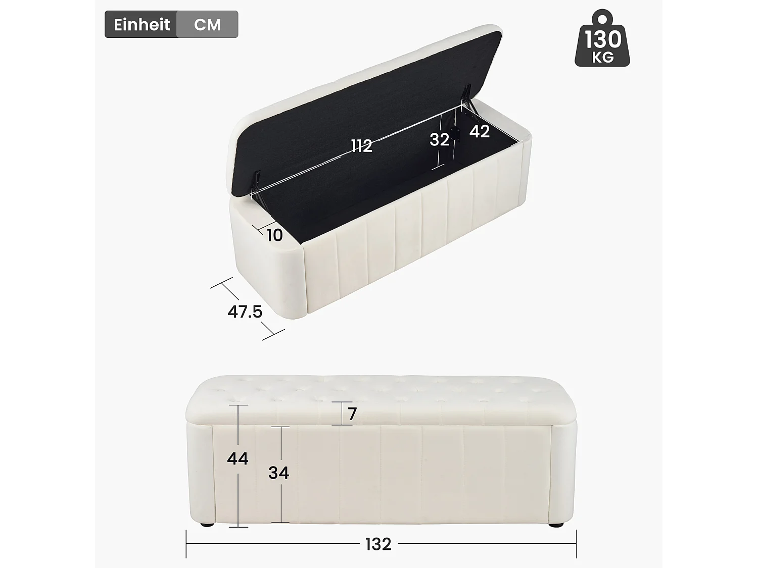 Banc de lit 132x47.5x44 cm en velours beige avec rangement