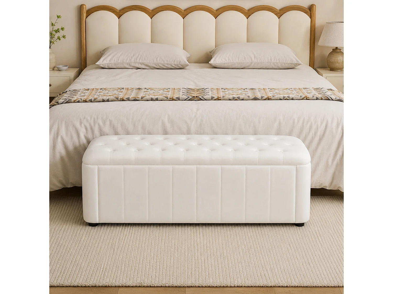 Banc de lit 132x47.5x44 cm en velours beige avec rangement