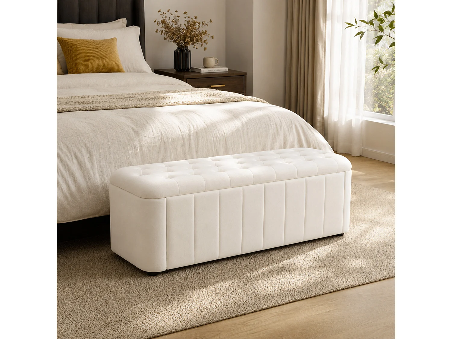 Banc de lit 132x47.5x44 cm en velours beige avec rangement