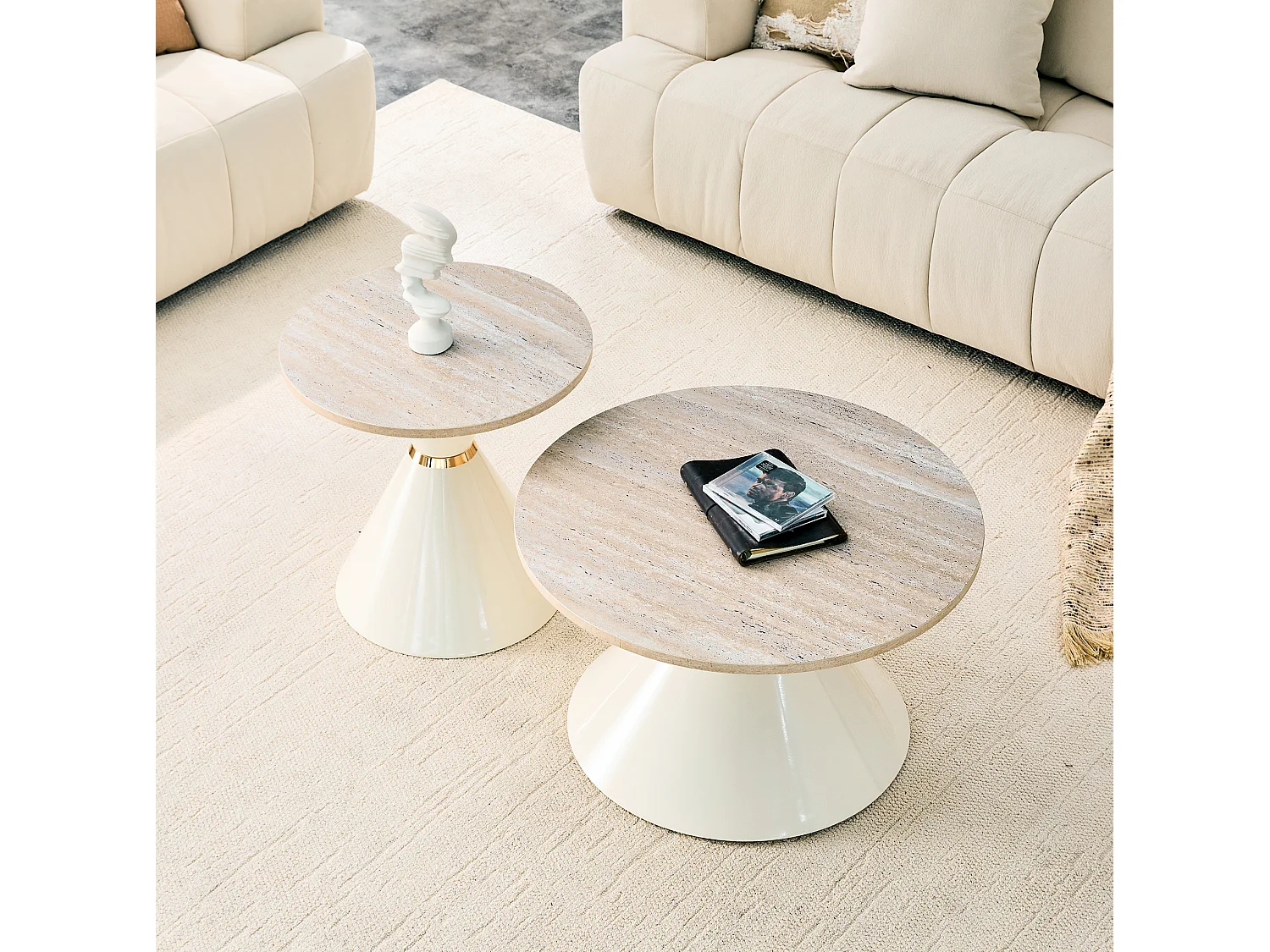 Lot de 2 tables basses 70 cm et 50 cm - Plateau en imitation travertin - Crème