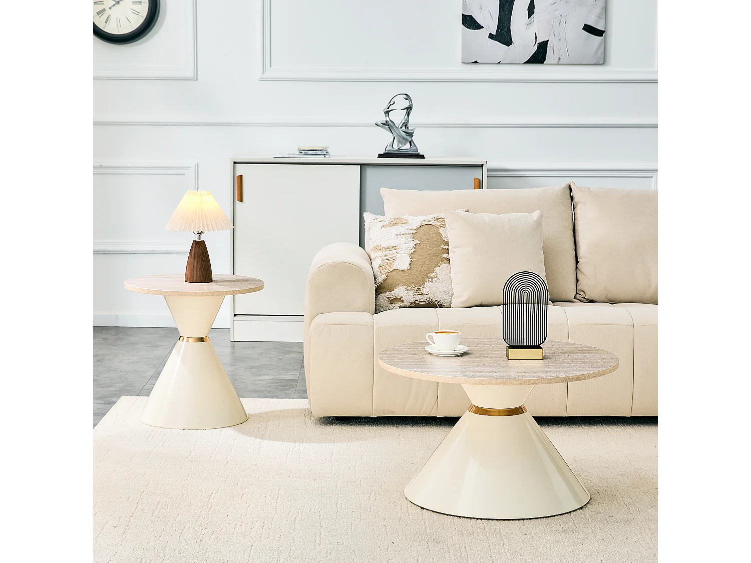 Lot de 2 tables basses 70 cm et 50 cm - Plateau en imitation travertin - Crème