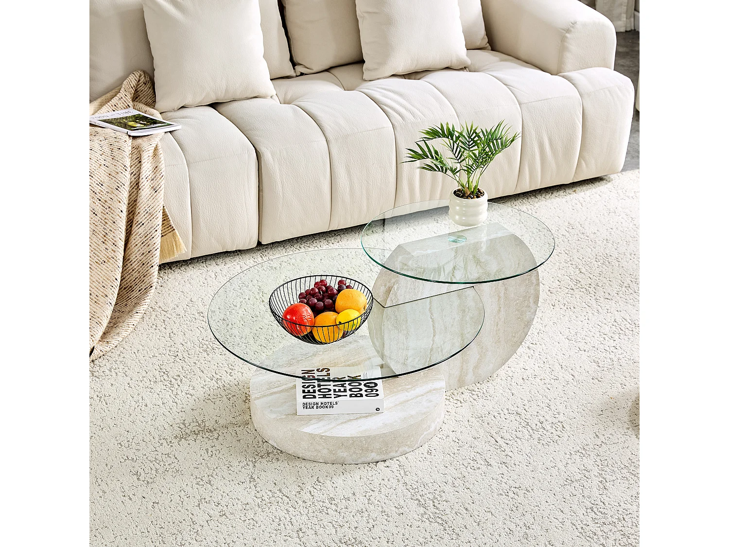 Mesa de centro minimalista de cristal de 2 niveles - Acabado madera gris claro
