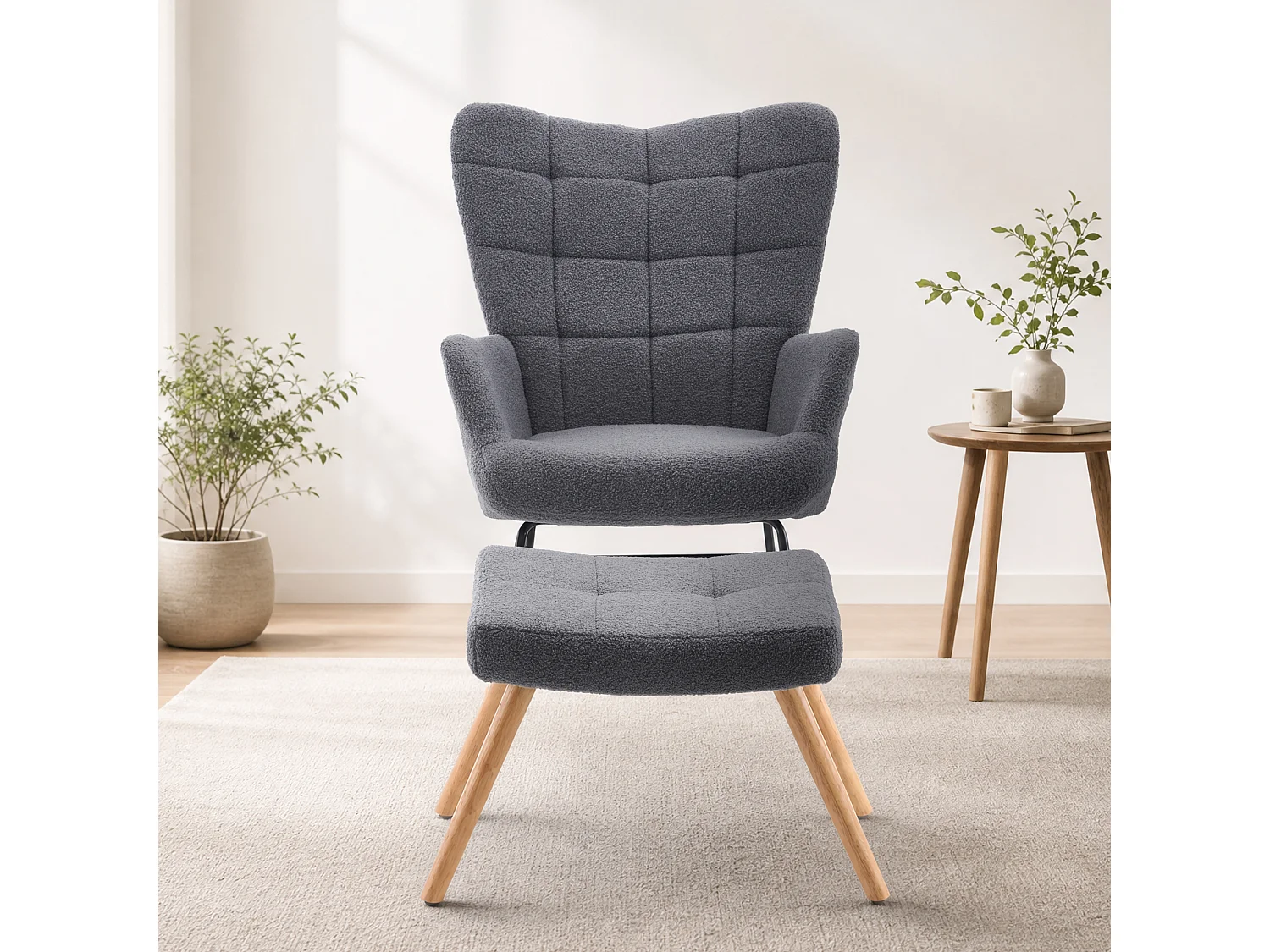 Rocking chair avec repose-pieds et dossier haut - Tissu gris