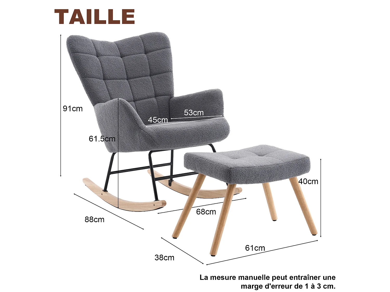 Rocking chair avec repose-pieds et dossier haut - Tissu gris