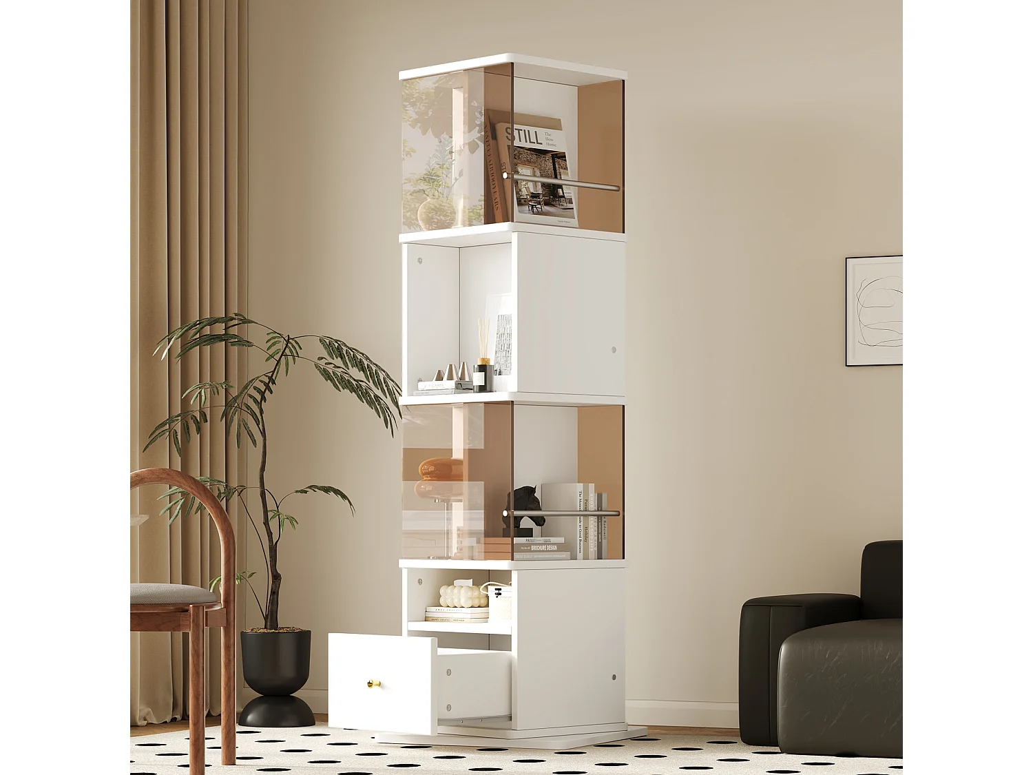 Vitrine rotative avec tiroir - Verre trempé brun et MDF - Blanc