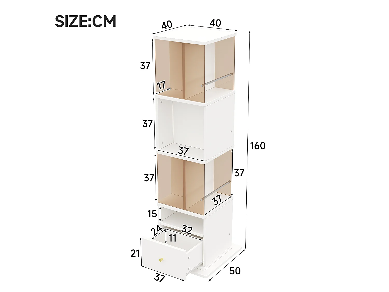 Vitrine rotative avec tiroir - Verre trempé brun et MDF - Blanc
