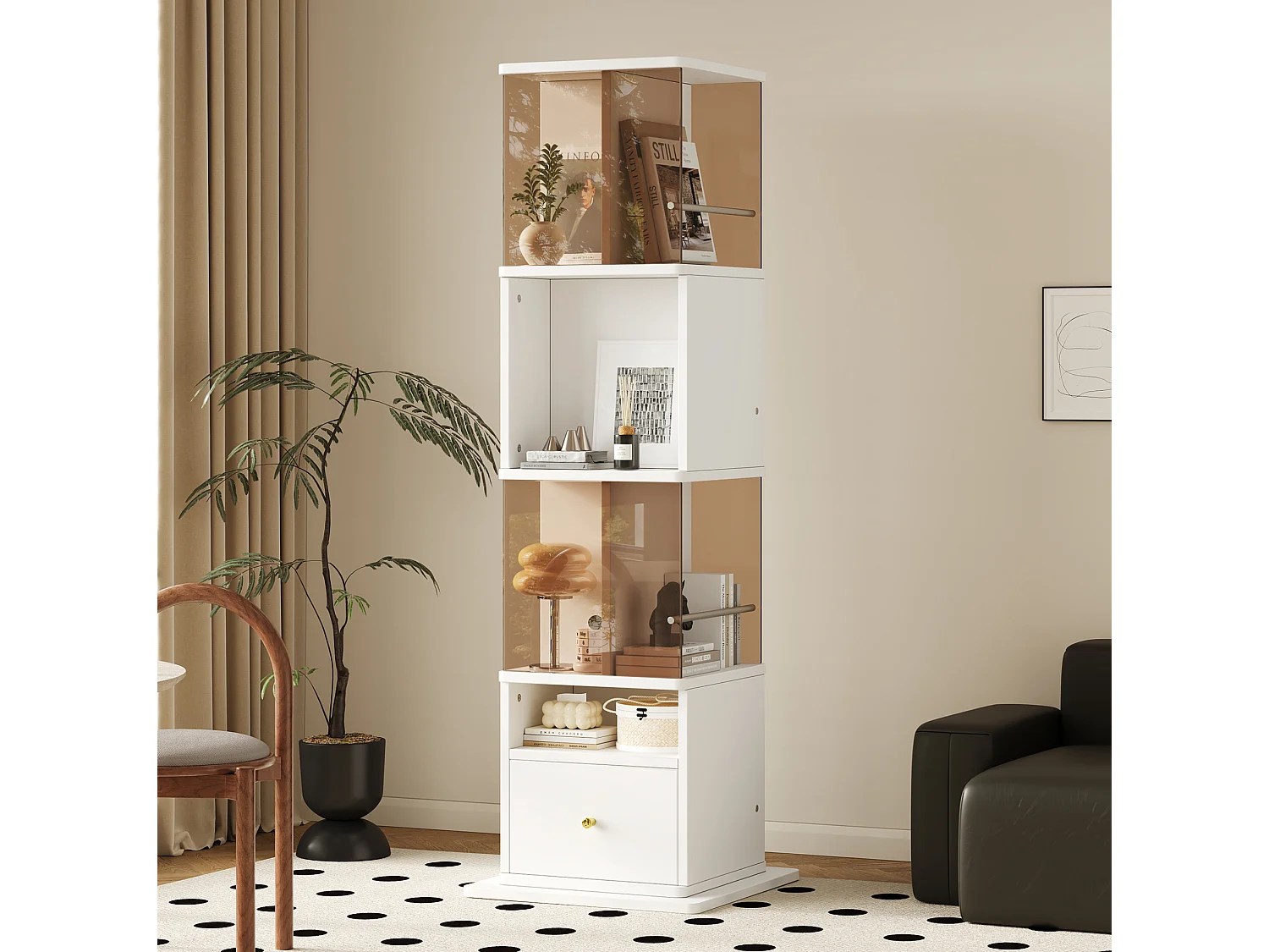 Vitrine rotative avec tiroir - Verre trempé brun et MDF - Blanc