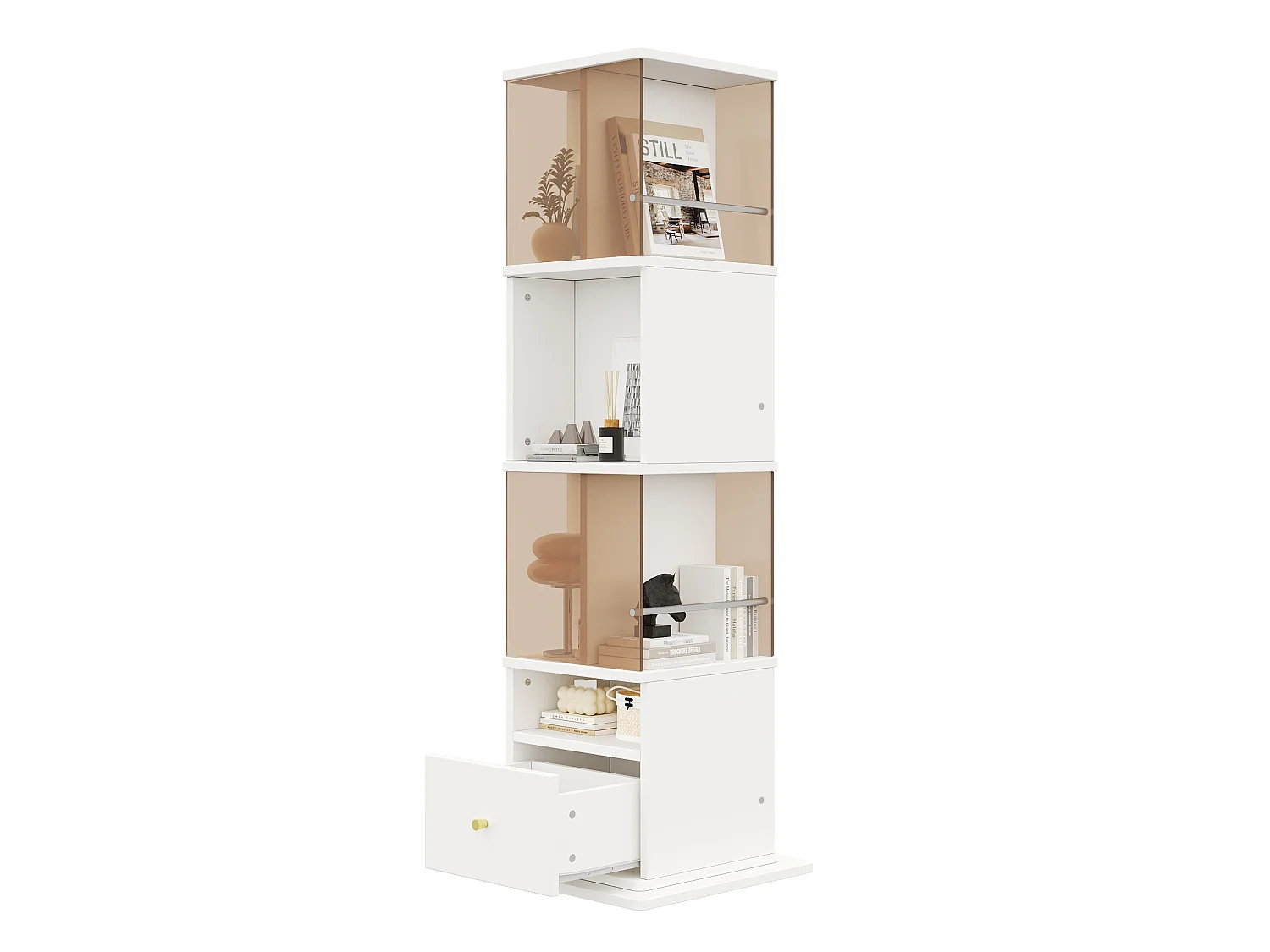 Vitrine rotative avec tiroir - Verre trempé brun et MDF - Blanc