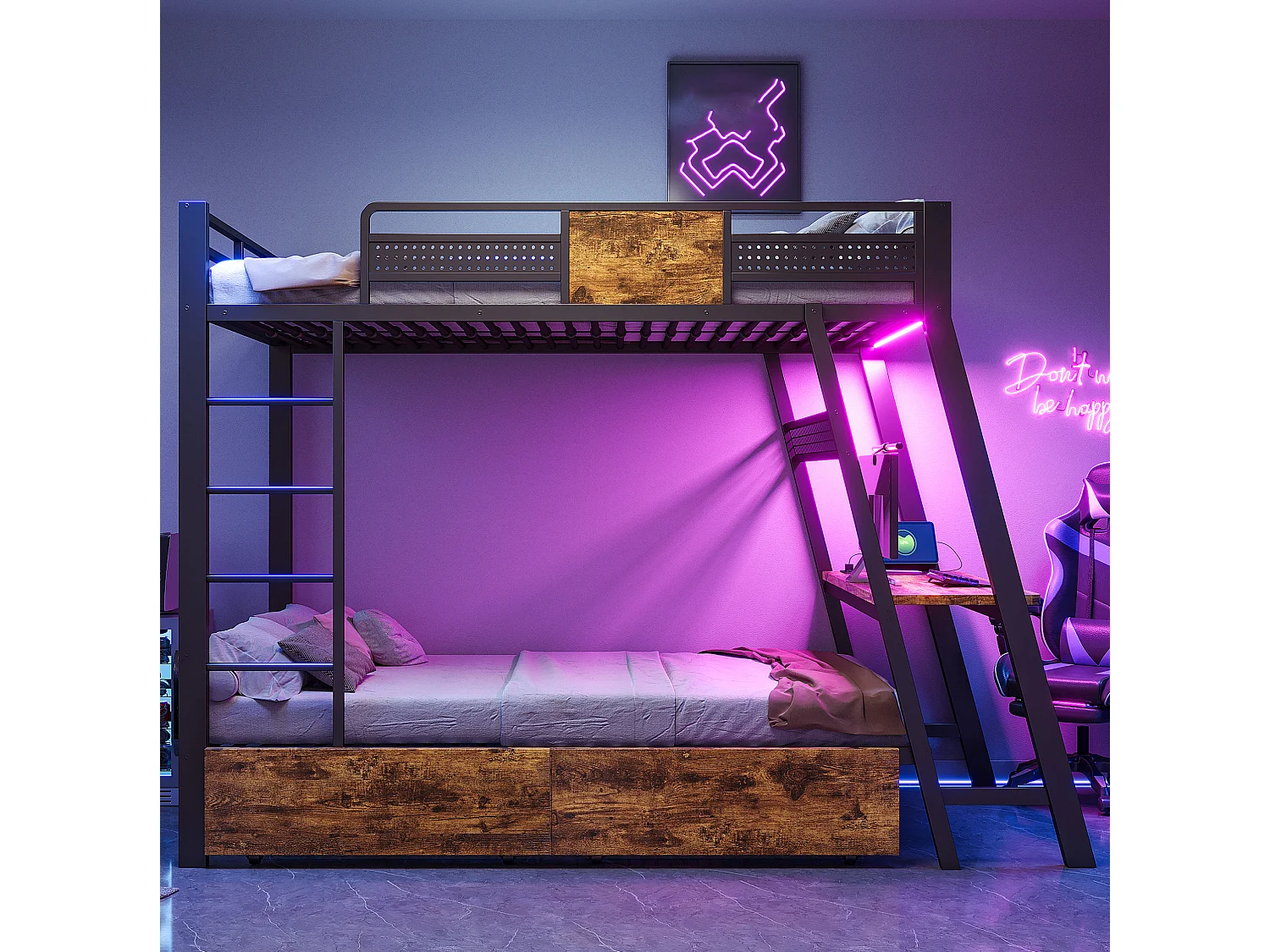 Lit superposé enfant 90x200 cm avec bureau, USB , 2 tiroirs et LED - Métal noir