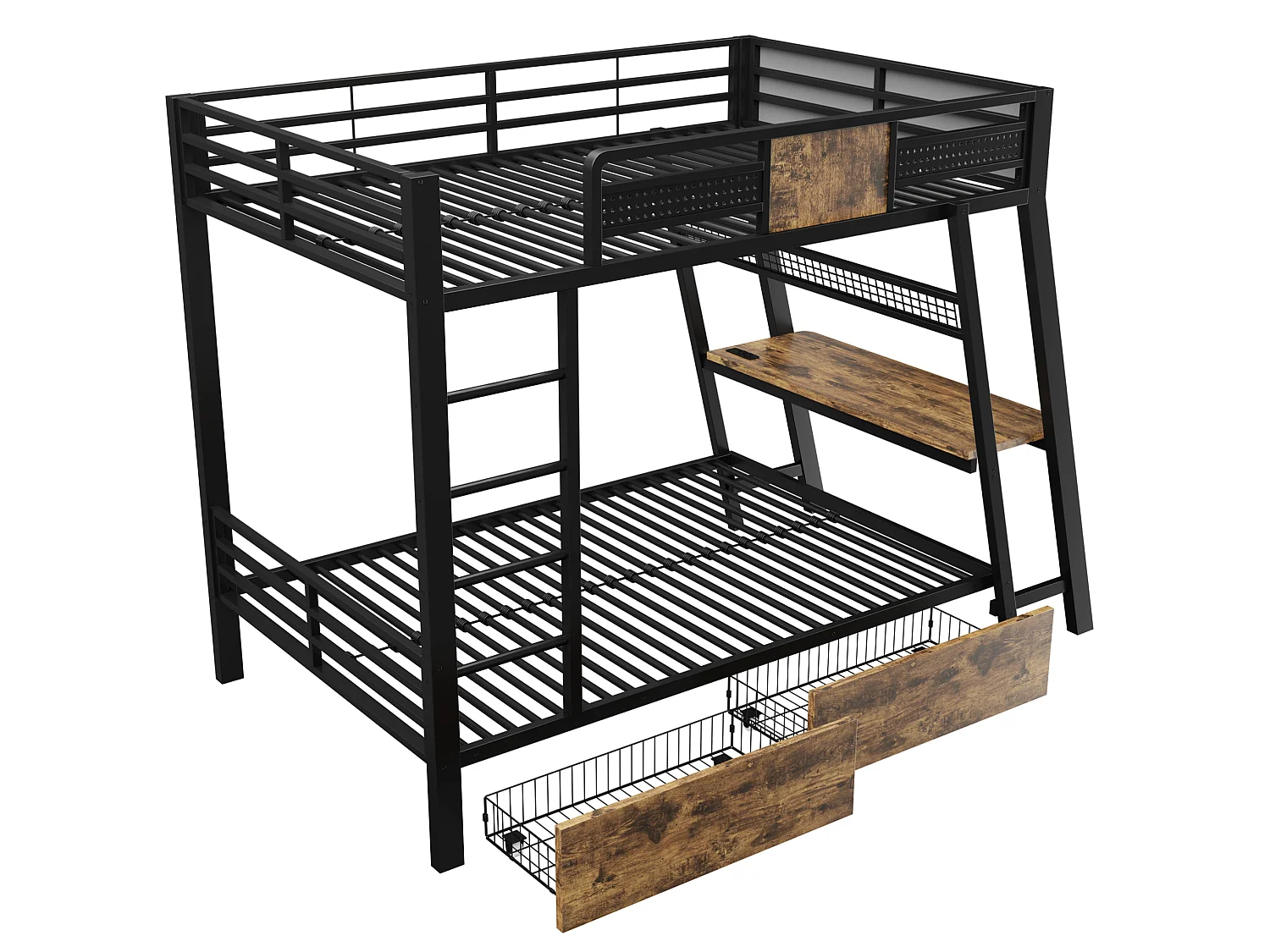 Lit superposé enfant 90x200 cm avec bureau, USB , 2 tiroirs et LED - Métal noir