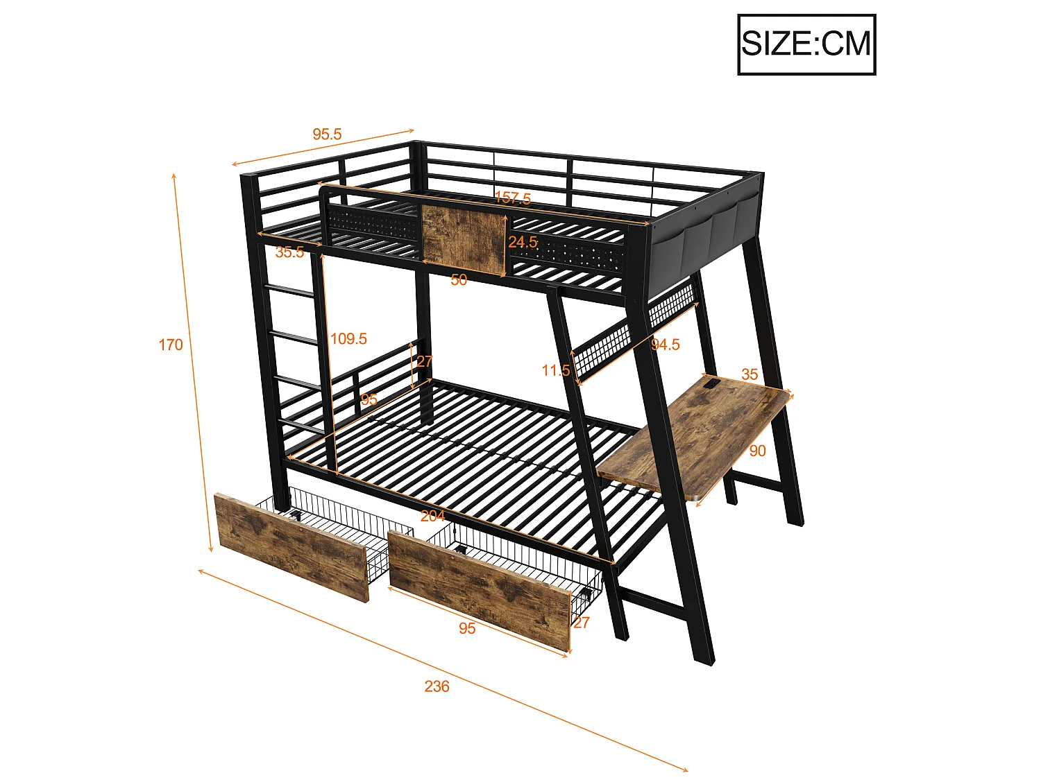 Lit superposé enfant 90x200 cm avec bureau, USB , 2 tiroirs et LED - Métal noir
