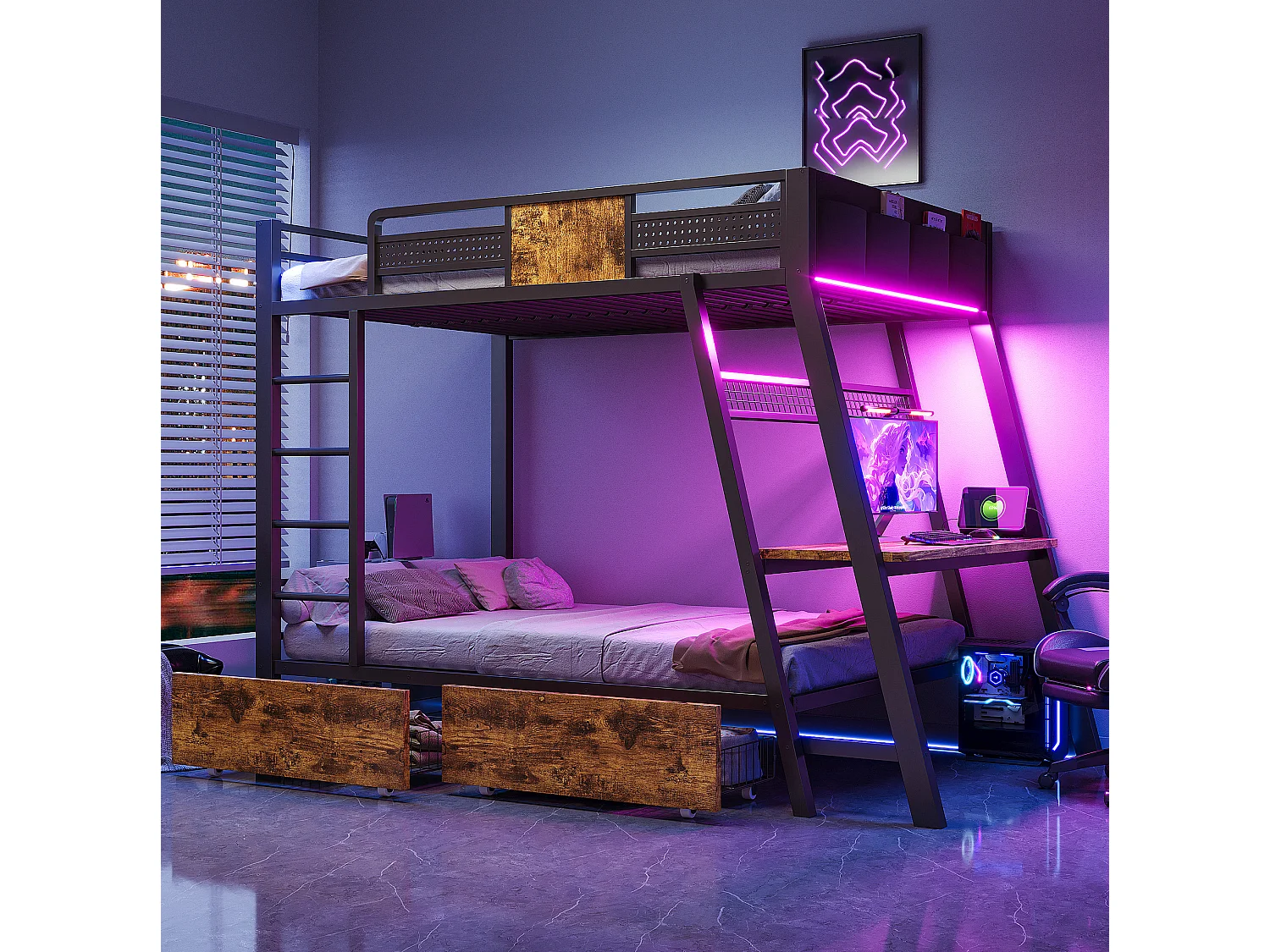 Lit superposé enfant 90x200 cm avec bureau, USB , 2 tiroirs et LED - Métal noir