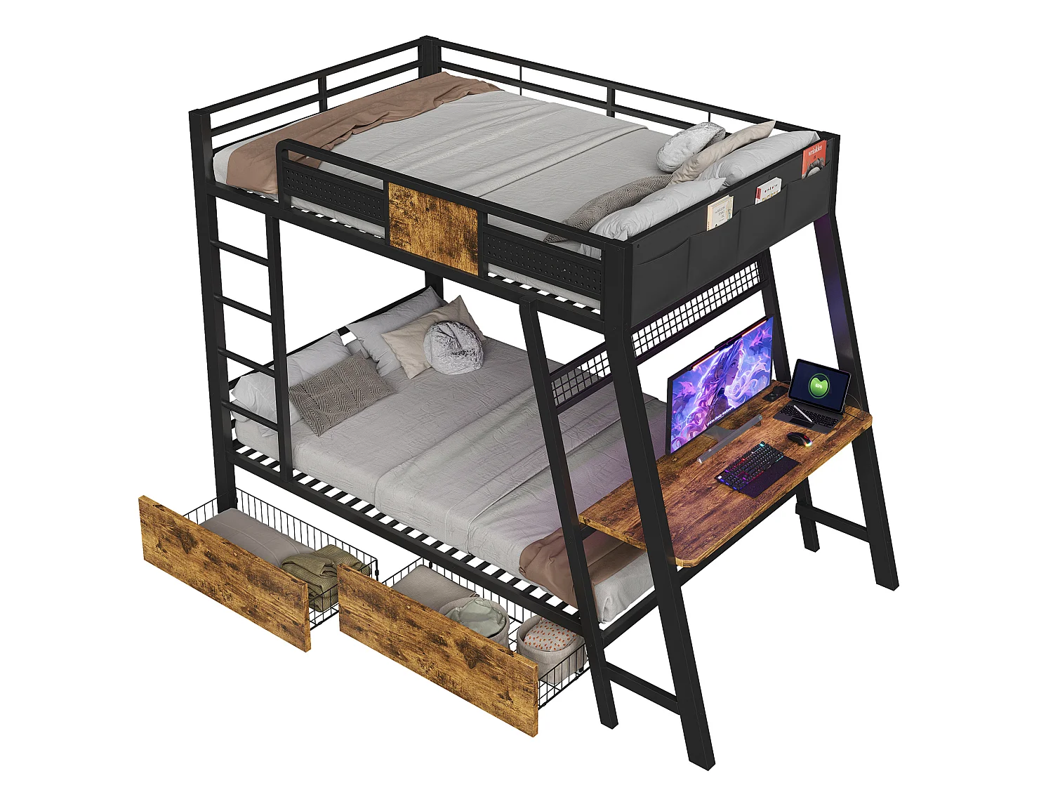 Lit superposé enfant 90x200 cm avec bureau, USB , 2 tiroirs et LED - Métal noir