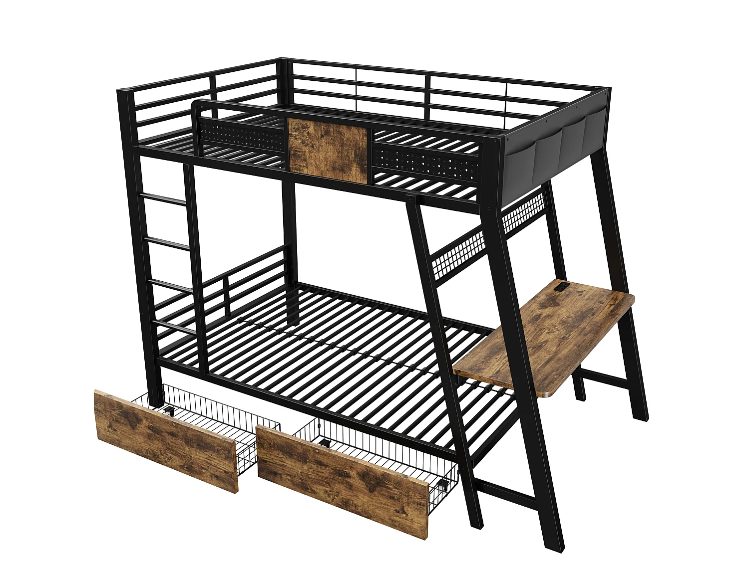 Lit superposé enfant 90x200 cm avec bureau, USB , 2 tiroirs et LED - Métal noir