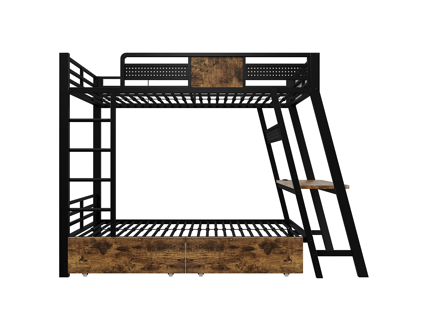 Lit superposé enfant 90x200 cm avec bureau, USB , 2 tiroirs et LED - Métal noir